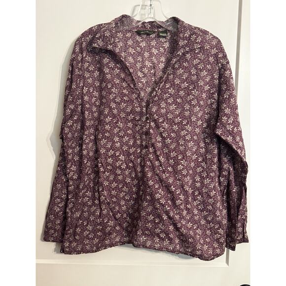Eddie Bauer Womens Blouse Cotton Floral 3/4 Burgundy Sz XL hike LagenLook - Picture 1 of 6